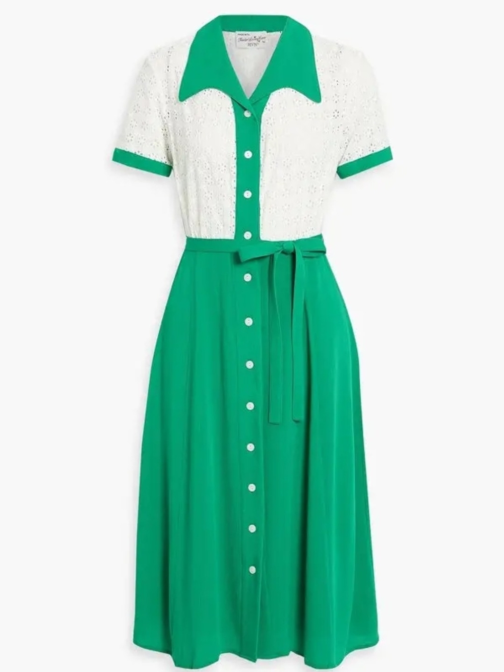 HVN Rio Broderie Anglaise Cotton and Crepe Midi Shirt Dress Green And White NWT